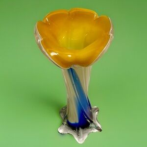 Hand Blown Art Glass Vase 8”Amber Yellow Ruffle Rim Blue Swirl Murano Style Rare